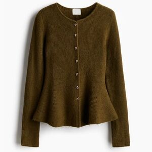 NWT H&M Rib Knit Peplum Olive Green Sweater Cardigan Size Small